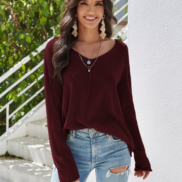 Solid vneck oversized  knit sweater - khaki - Picture 6 of 8